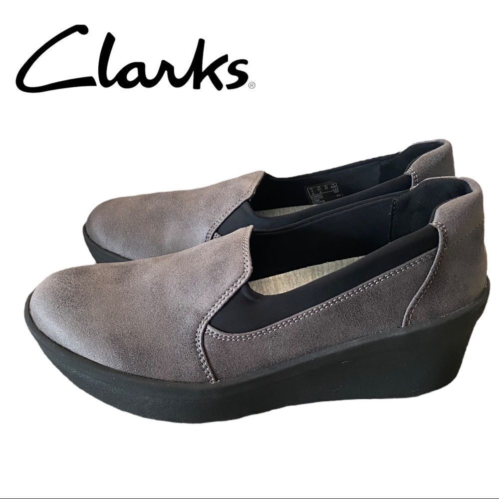 NEW Clarks Cloudsteppers Step Rose Moon Grey Wedge Loafers Shoes 9.5